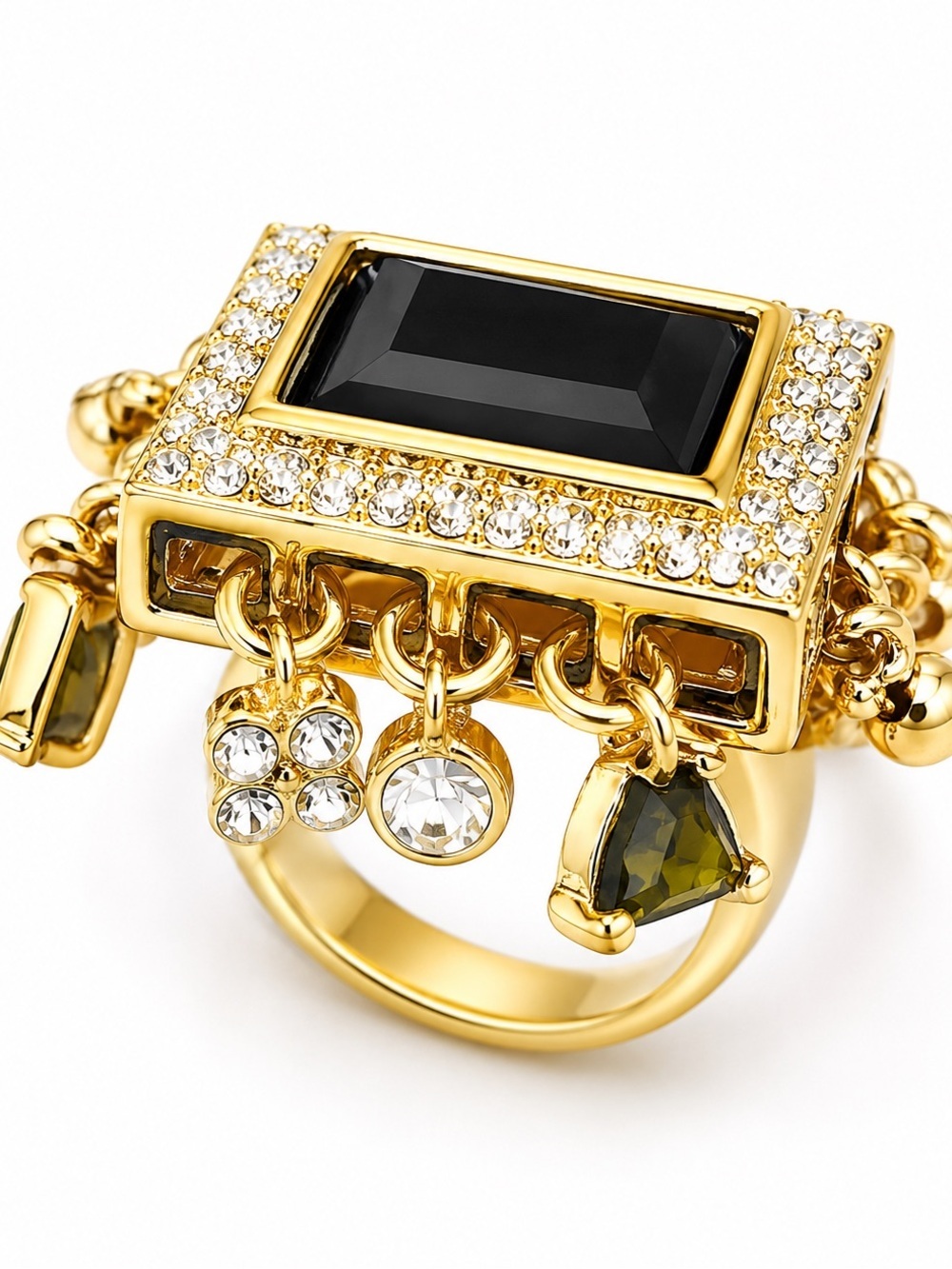 Gold Tone Black Crystal Statement Ring Rhinestone Charm Cocktail Ring NWT - Picture 7 of 7